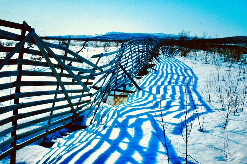 Snowfield with the shadows of a wooden fence